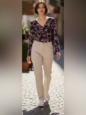 Women's Black & Pink Floral V-Neck Long Sleeve Top Size Medium GUC